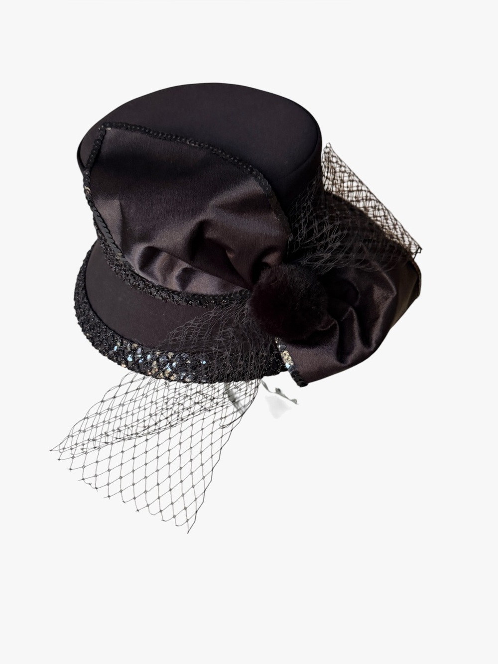 Donna Vinci Couture Black Ladies Asymmetrical Hat Bow Sequins Net Beading PomPom